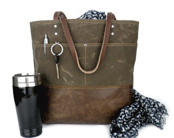 Waxed Canvas Tote Bag: Brown Leather Bottom, Waterproof Carryall