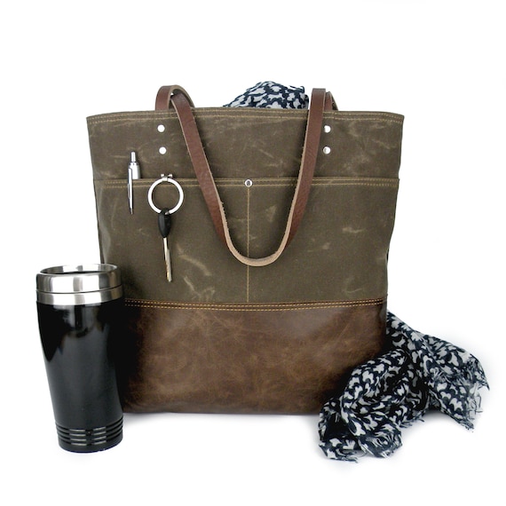 Waxed Canvas Bag Brown Carry All Leather Bottom Tote - Canvas Totes Leather Bottom Waxed Canvas Bag Brown Carry All Leather Bottom Tote - Canvas Totes Leather Bottom
