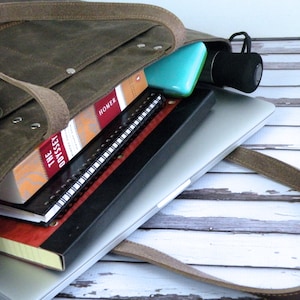 May include: A brown leather tote bag with a zippered pocket on the front. The bag is filled with items, including a laptop, books, a notebook, a phone, and sunglasses.