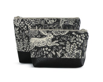 Woodland Rabbit Print Clutch: Vegan Leather Cosmetic Bag