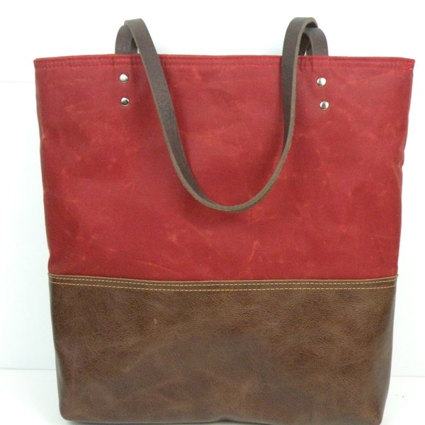 Urban Tote in Red Waxed Canvas and distressed leather