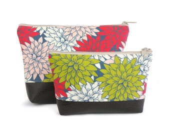 Floral Canvas Cosmetic Bag: Vegan Leather Bottom Accessory Pouch