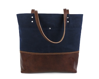 Waxed Canvas Tote, navy and brown tote, leather bottom bag, travel bag, computer tote, knitting bag, commuter bag, carryon