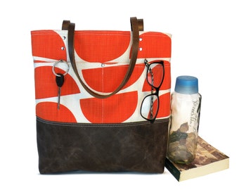 Skinny Laminx Orange Tote Bag: Leather Bottom Canvas Purse