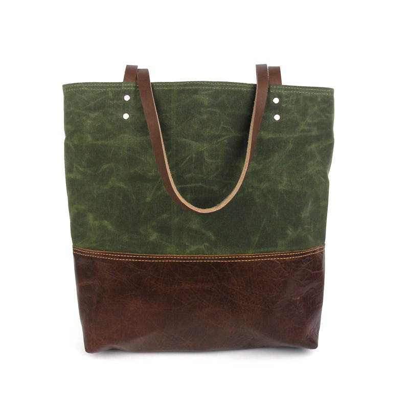 Evergreen tote, Waxed canvas bag, Tote handbag, Holiday fashion, Green laptop tote bag, Tablet holder bag, Work travel purse, Leather straps image 3