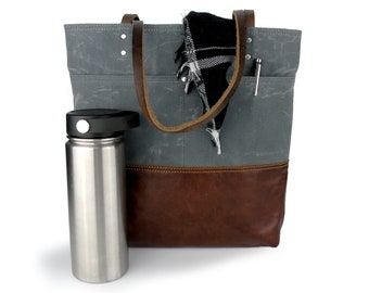 Waxed Canvas Tote: Grey Travel Bag with Leather Bottom