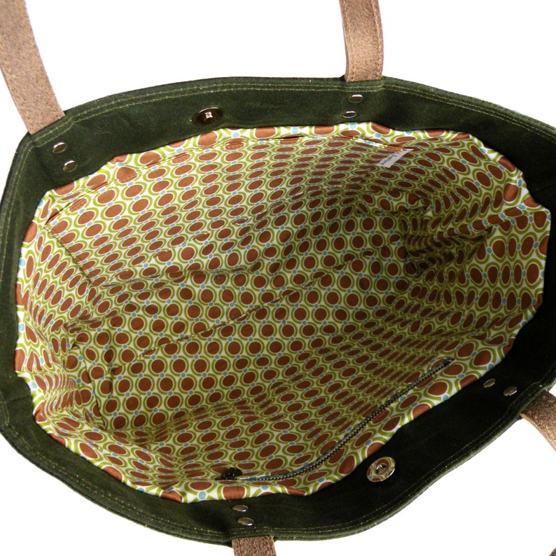 Large Olive Green Tote, Waxed Canvas Bag, Leather Bottom, Sturdy Work