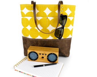 Skinny Laminx Tote Bag: Yellow Print, Leather Bottom