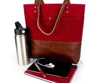 Red Waxed Canvas Tote Bag: Leather Bottom Work Bag