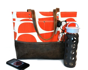 Skinny LaMinx Orange Print Tote: Leather Bottom Carryall Bag