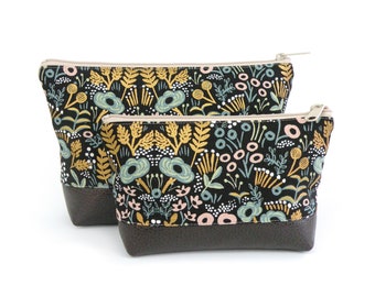 Floral Print Makeup Bag: Vegan Leather Bottom Cosmetic Pouch