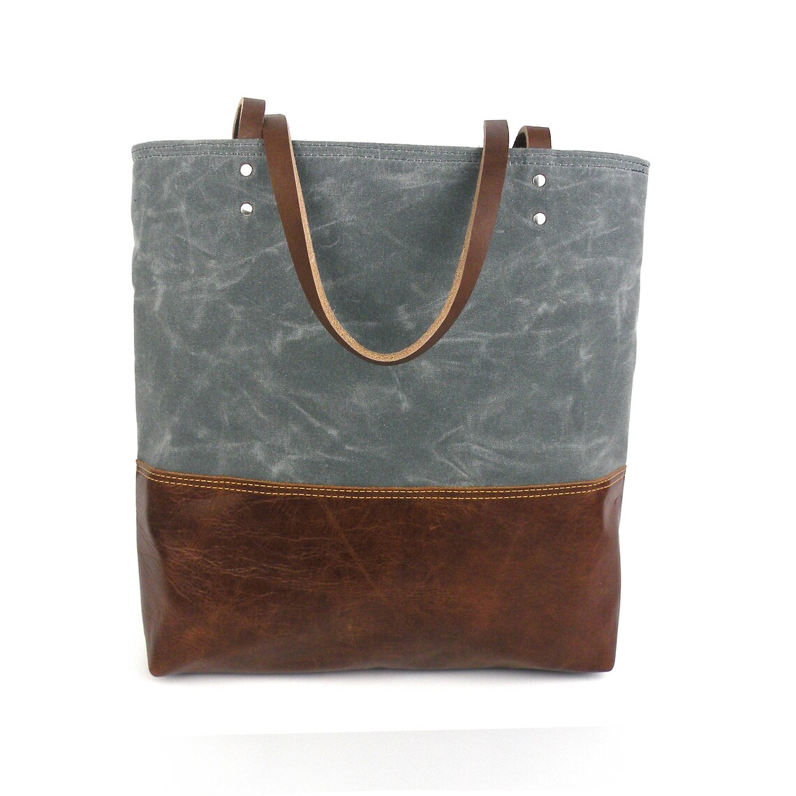 Waxed Canvas Tote Grey and Brown Tote Leather Bottom Bag - Etsy