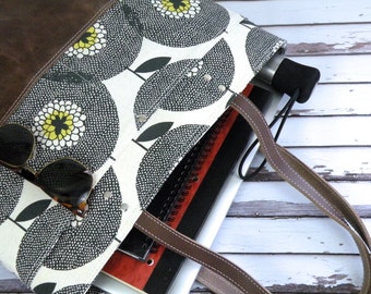 Skinny LaMinx purse, Tablet bag, Leather bottom bag, Computer tote, Tote handbag, Knitting bag, Large purse, Carryall floral print bag