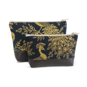 Peacock Print Clutch: Gold & Navy Makeup Organizer, Vegan Leather Bottom