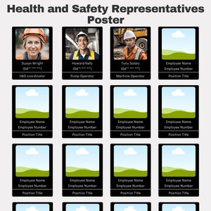 Peut inclure: Une affiche en noir et blanc avec le titre "Health and Safety Representatives Poster". L'affiche liste les noms, les numéros d'employés et les titres de poste des représentants de la sécurité. L'affiche comprend une adresse e-mail de contact pour l'entreprise.
