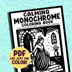 May include: A black and white coloring book titled "CALMING MONOCHROME COLORING BOOK". The cover features a princess illustration and the text "Color your way to calm - just one color needed!". A yellow circle with the text "PDF USE JUST ONE COLOR!" is in the lower left.
