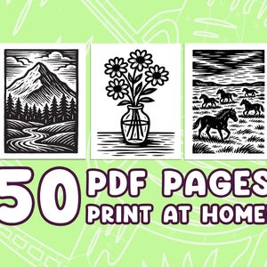 May include: Three black and white art prints featuring a mountain landscape, flowers in a vase, and horses in a field. The prints are displayed on a light green background with the text "50 PDF PAGES PRINT AT HOME!"