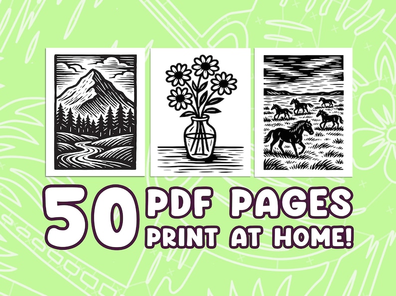 May include: Three black and white art prints featuring a mountain landscape, flowers in a vase, and horses in a field. The prints are displayed on a light green background with the text "50 PDF PAGES PRINT AT HOME!"