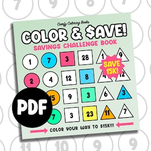 Könnte beinhalten: Ein mintgrünes Spar-Challenge-Buch mit bunten Formen und Zahlen. Der Text "COLOR & SAVE!" und "SAVINGS CHALLENGE BOOK" sind zu sehen. Ein schwarzer Kreis mit "PDF" befindet sich unten links. Das Buch verspricht, 15.000 $ zu sparen.
