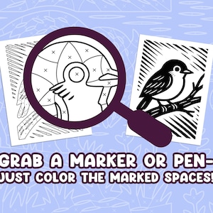 May include: Coloring pages with a bird and abstract design, viewed through a magnifying glass. The text reads "GRAB A MARKER OR PEN - JUST COLOR THE MARKED SPACES!" on a light blue background with a pattern.