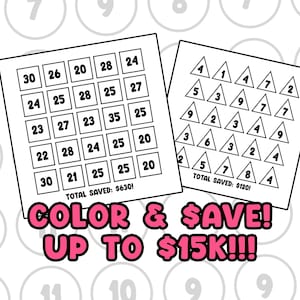Pode incluir: Duas folhas de papel branco com n&uacute;meros pretos em quadrados e tri&acirc;ngulos. Uma diz "TOTAL POUPADO: $630!" e a outra "TOTAL POUPADO: $120!". O texto rosa na parte inferior diz "COLOR & SAVE! AT&Eacute; $15K!!!"