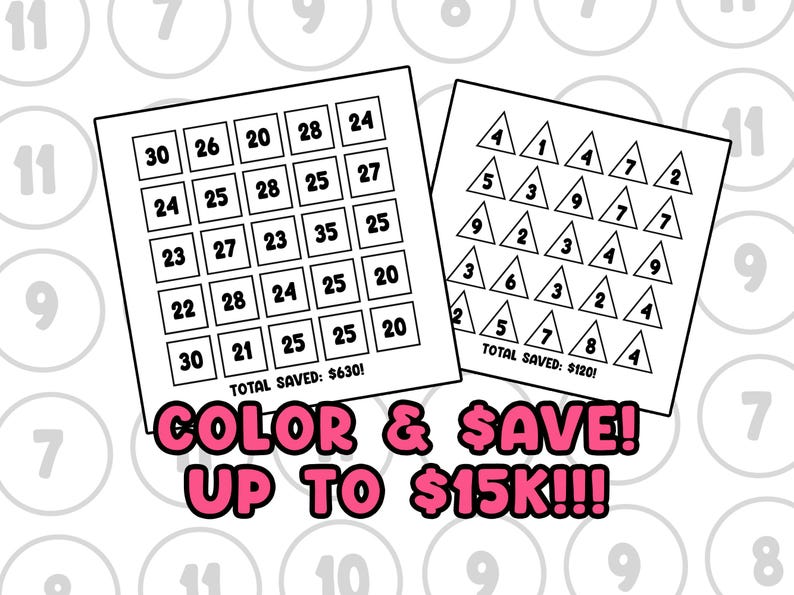 Pode incluir: Duas folhas de papel branco com n&uacute;meros pretos em quadrados e tri&acirc;ngulos. Uma diz "TOTAL POUPADO: $630!" e a outra "TOTAL POUPADO: $120!". O texto rosa na parte inferior diz "COLOR & SAVE! AT&Eacute; $15K!!!"