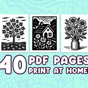 May include: Three black and white art prints featuring a tree, a house, and flowers in a vase. The prints are displayed above the text "40 PDF PAGES PRINT AT HOME!" on a light blue background with a floral pattern.