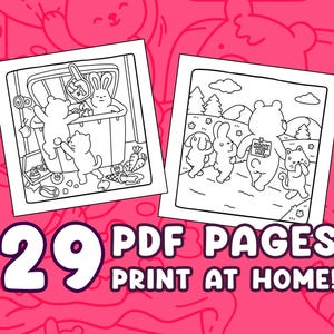 Puede incluir: Dos ilustraciones en blanco y negro de animales de dibujos animados, una con un oso, un gato y un conejo, y la otra con un oso, un gato, un perro y un conejo. El texto "&iexcl;29 P&Aacute;GINAS PDF IMPRIME EN CASA!" se muestra en blanco sobre un fondo rosa.