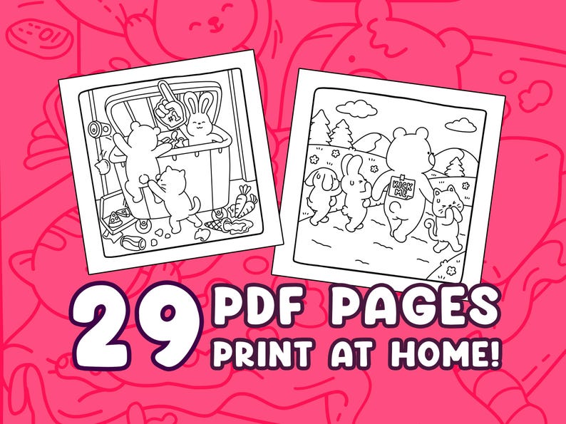 Puede incluir: Dos ilustraciones en blanco y negro de animales de dibujos animados, una con un oso, un gato y un conejo, y la otra con un oso, un gato, un perro y un conejo. El texto "&iexcl;29 P&Aacute;GINAS PDF IMPRIME EN CASA!" se muestra en blanco sobre un fondo rosa.