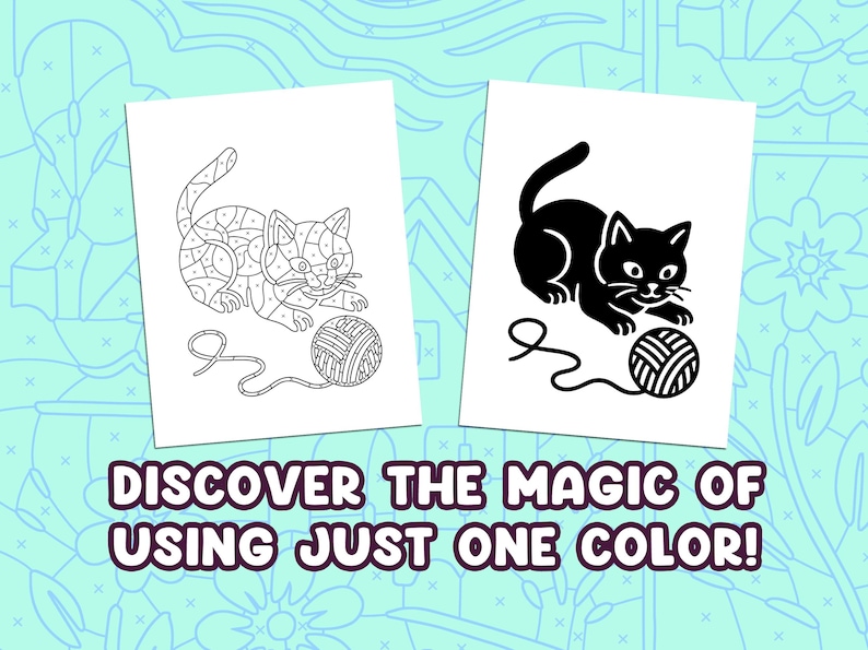 May include: Two white cards with cat illustrations. One is a black cat with a ball of yarn, the other is a cat outline with geometric shapes. Text at the bottom reads "DISCOVER THE MAGIC OF USING JUST ONE COLOR!"