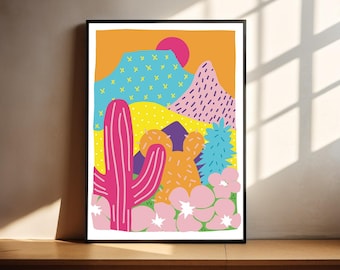 Desert Bliss, Montagne, Cactus, Fiori, Arte murale massimalista, Decorazione murale stampabile, Arte astratta, Poster digitale, Trendy, Download digitale