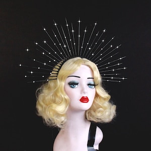 Crystal Black Halo Crown, 6&quot; Black Spike Crown, Crown Headband, Halo Headpiece, Halloween Wedding, Goth Bridal