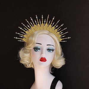 3&quot; Gold Lace Halo Crystal Crown Headpiece with Beaded Tips, Theatrical Costuming, Virgin Mary, Bridal Crown, Festival Wear, Burning Man