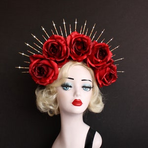 Deep Red Rose Flower Crown with Crystals,  Gold Halo Crown, Bridal Crown,Day Of The Dead Headband, Virgin Mary Costume, Festival Wear