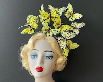 Yellow Butterfly Cascading Headband with Swarovski Crystals, Butterfly Headdress, Hair Accessory, Festival Wear, Fairy Costume