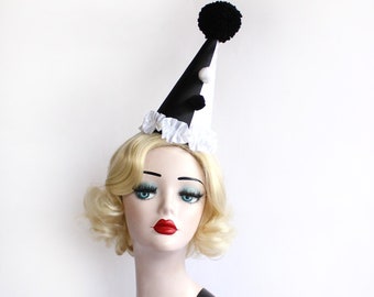 Black and White Clown Hat, Cirque Costume, Birthday Party Hat, Kids, Adults, Carnival, Burlesque Headpiece, Circus Hair Accessory