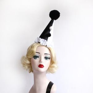 Black and White Clown Hat, Cirque Costume, Birthday Party Hat, Kids, Adults, Carnival, Burlesque Headpiece, Circus Hair Accessory