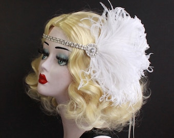 Great Gatsby Crystal Headband, Pearl Hair Accessory, Feather Fascinator, Flapper Headpiece, Feather Headband, Bridal Headpiece