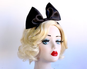 Small Black Bow Headband, Satin Bow, Alice Band, Adjustable, Giant Bow, Women, Girls