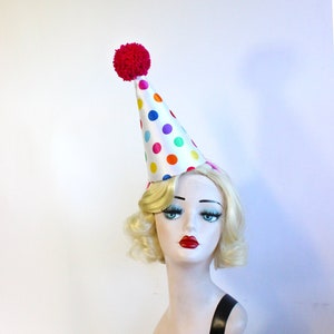 As Seen on Bailey Sarian ,Clown Hat, Birthday Party Hat, Circus Costume, Multi Colored Polka Dot, Halloween Costume, Scary Clown image 2