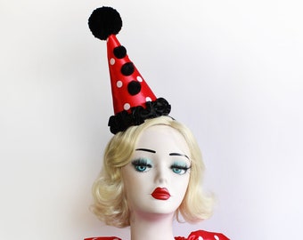 Red, Black and White Polka Dot Clown Hat, Cirque Costume, Birthday Party Hat, Kids, Adults, Carnival, Scary Clown, Circus Hair Accessory