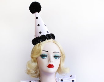 White and Black Polka Dot Clown Hat, Cirque Costume, Birthday Party Hat, Kids, Adults, Carnival, Scary Clown, Circus Hair Accessory