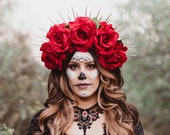 Day Of The Dead, Red Rose Flower Crown, Gold Halo Crown, Bridal Crown, Crown Headband, Flower Headdress, Sugar Skull Costume
