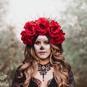 Day of the Dead, Red Rose Flower Crown, Gold Halo Crown, Bridal Crown ...