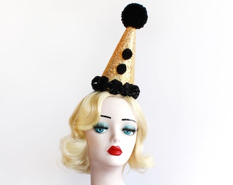 Gold and Black Clown Hat, Cirque Costume, Birthday Party Hat, Kids, Adults, Carnival, Scary Clown, Circus Hair Accessory