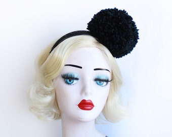 Large Black Pom Pom Headband with Crystals, Girls or Women&#39;s Headpiece, Photo Prop, Clown Costume, Halloween Costume, Circus, Hair Accessory
