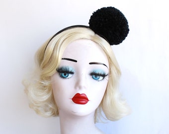 Black Pom Pom Headband, Girls or Women&#39;s  Headpiece, Photo Prop, Clown Costume, Halloween Costume, Vintage Circus, Hair Accessory