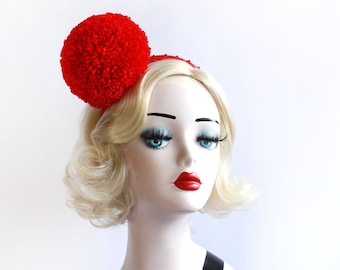 Large Red Pom Pom Headband with Crystals, Girls or Women&#39;s Headpiece, Photo Prop, Clown Costume, Halloween Costume, Circus, Hair Accessory