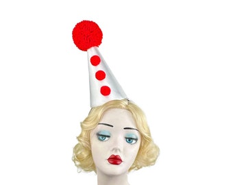 Red and White Satin Perriot Clown Hat, Cirque, Birthday Party Hat, Kids, Adults, Carnival, Halloween Costume