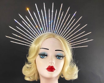 Swarovski Crystal Crown Headband, Halo Headpiece, Day of the Dead, Virgin Mary, Saints, Halloween Costume, Festival Wear, Burning Man
